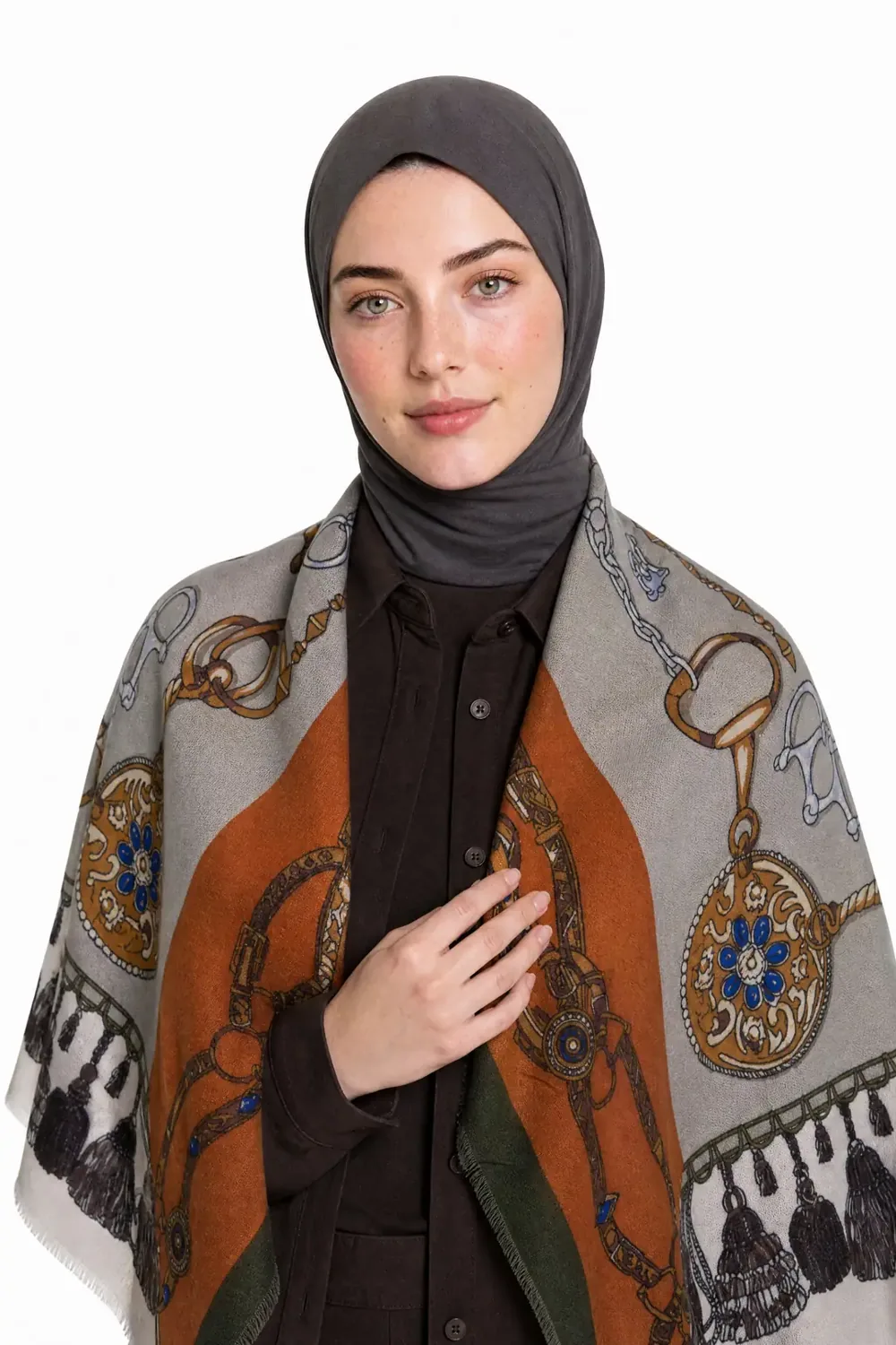 إيشارب كتف بمزيج الصوف والفسكوز بزخارف إثنية بلون برتقالي