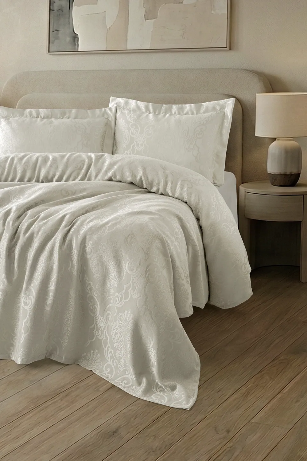 طقم غطاء سرير مزدوج 200×230 بنسيج بارز عاجي - صورة 2