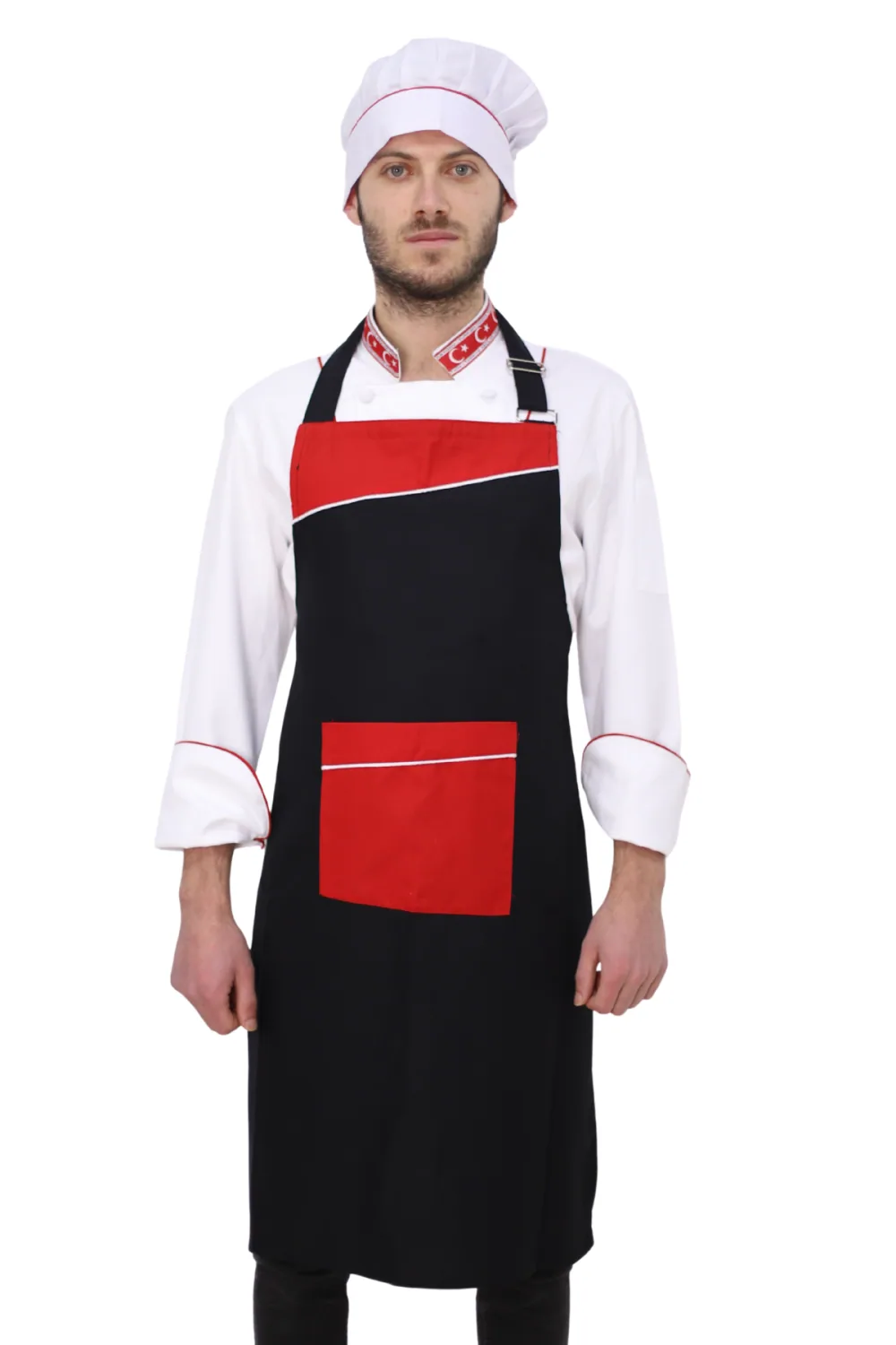 مريلة خدمة سوداء بجيب أحمر