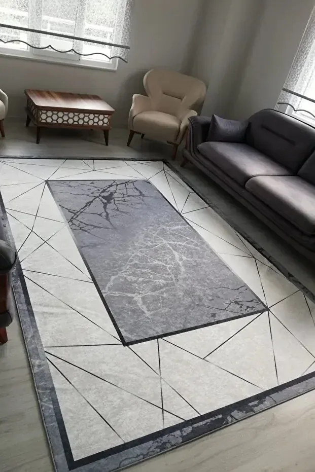 سجاد ممر بخطوط هندسية رمادية وبيضاء - صورة 3
