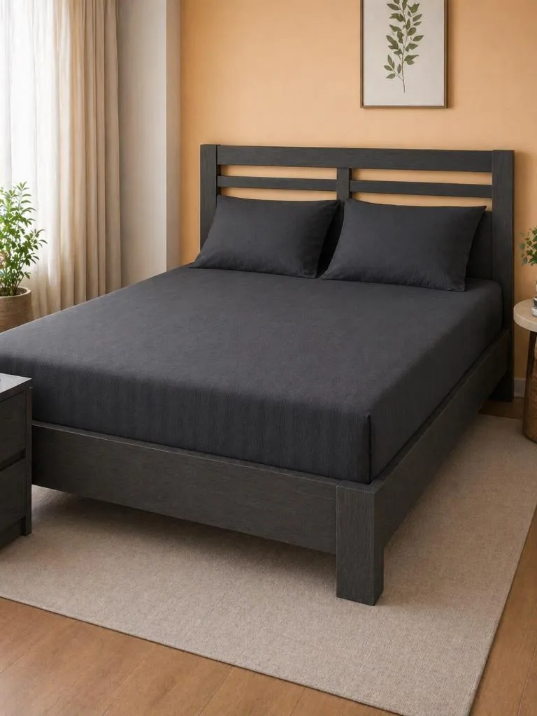طقم شرشف مطاطي مزدوج 180×200 سم – رمادي فحمي