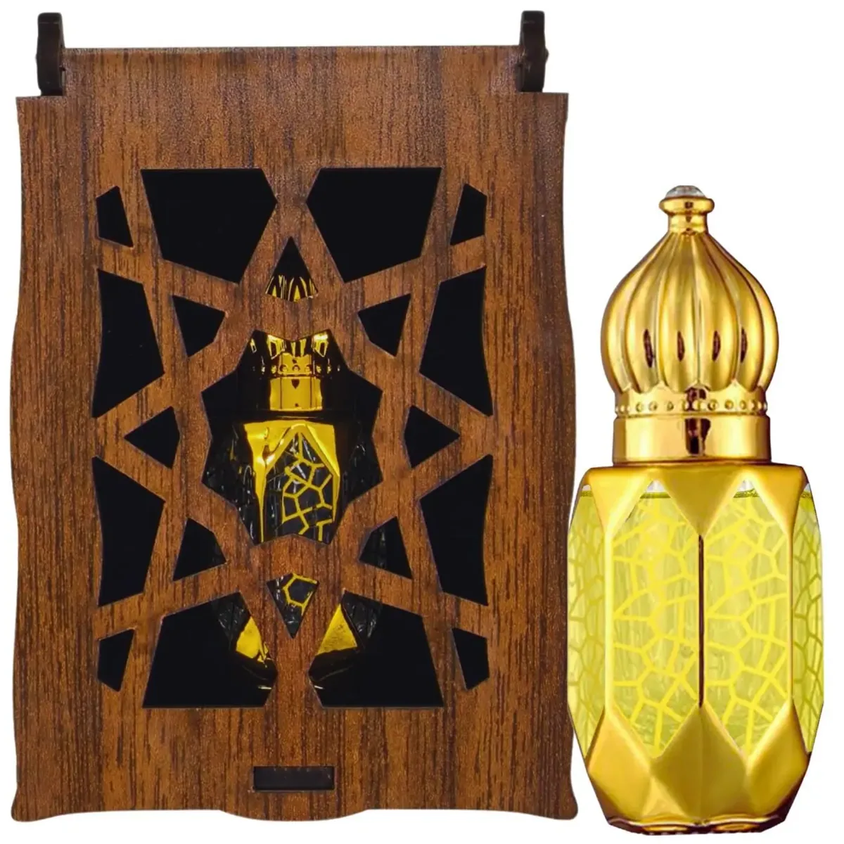 زيت عطر مقام إبراهيم بدون كحول في قارورة ذهبية مضلّعة 8 مل مع صندوق خشبي