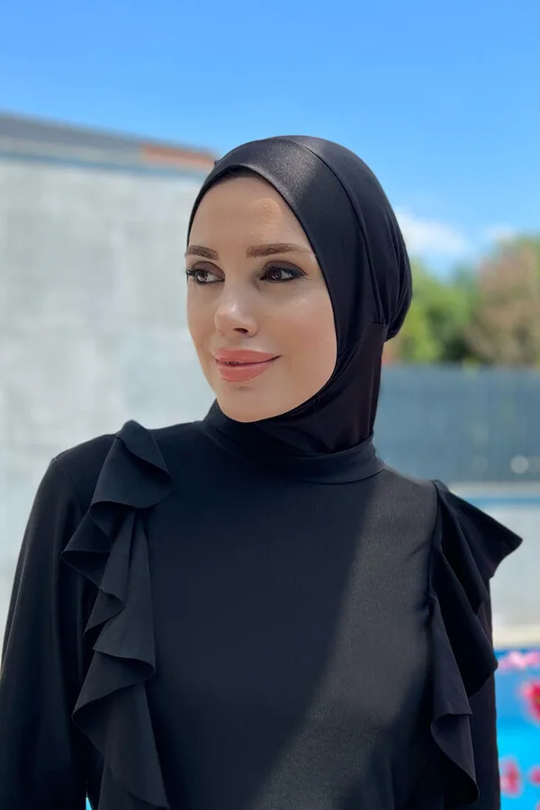 غطاء سباحة أسود بإيشارب يلتف حول الرأس - صورة 2