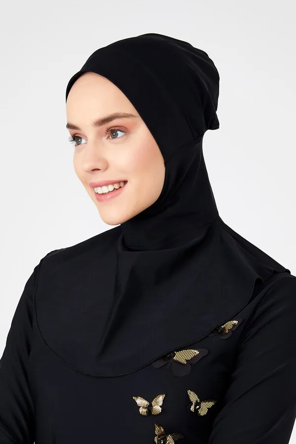 غطاء سباحة أسود بإيشارب يلتف حول الرأس - صورة 4