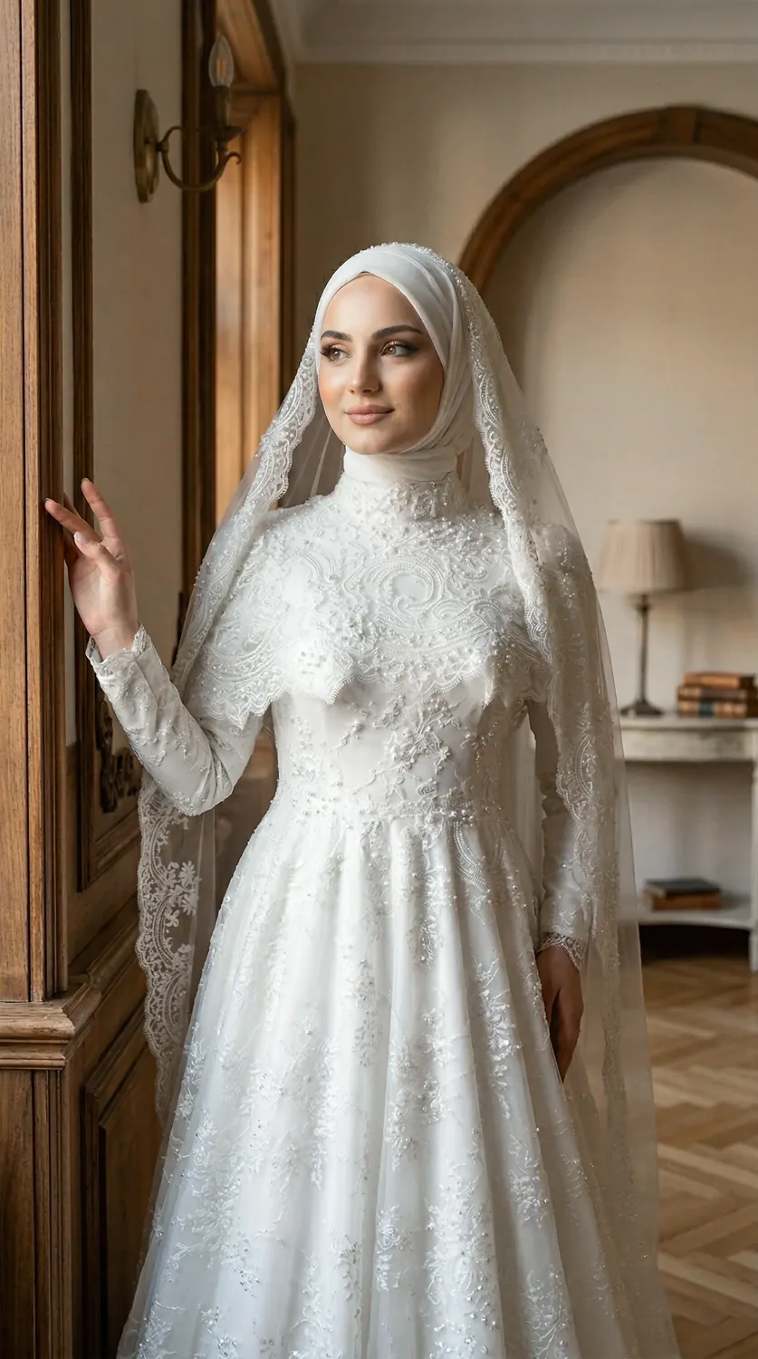 فستان زفاف محتشم بتنورة زهرية واسعة - صورة 2