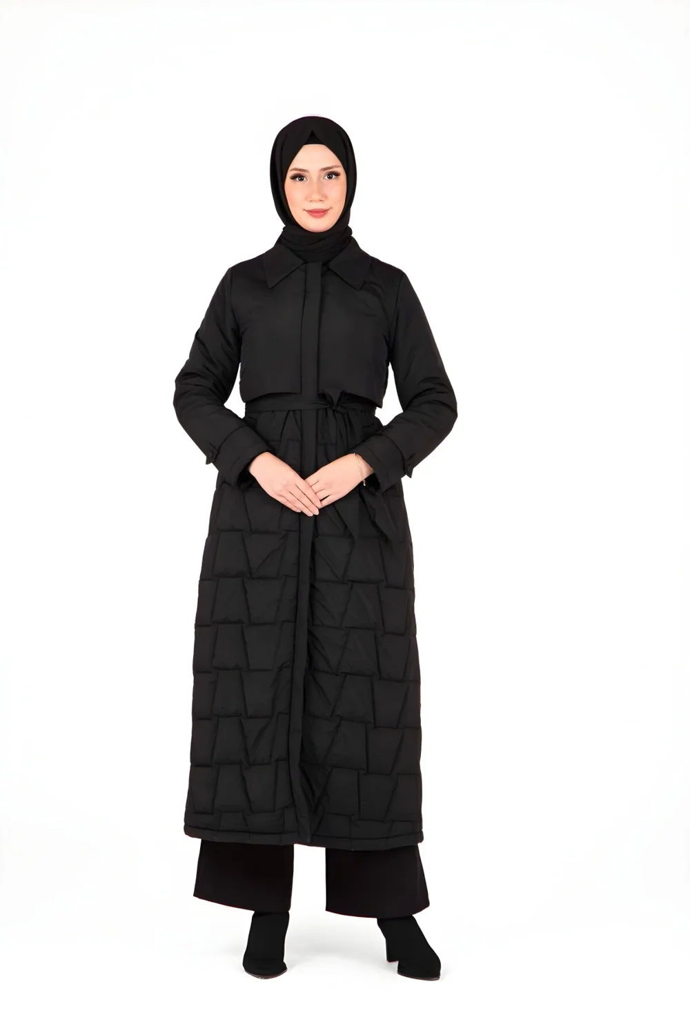 معطف مضرّب بحزام بلون أسود