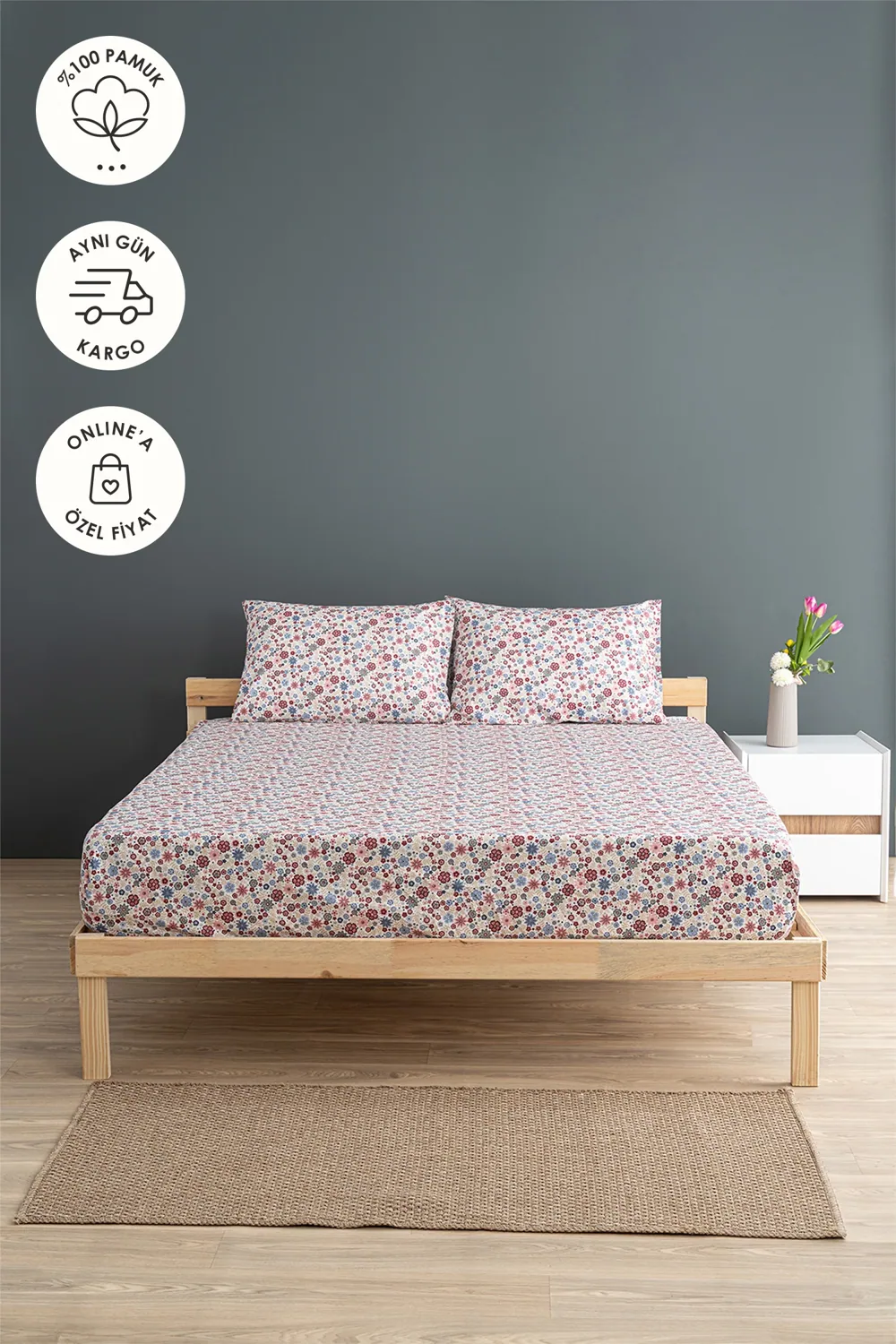 طقم شرشف مطاطي مزدوج قطن 160×200 عنابي