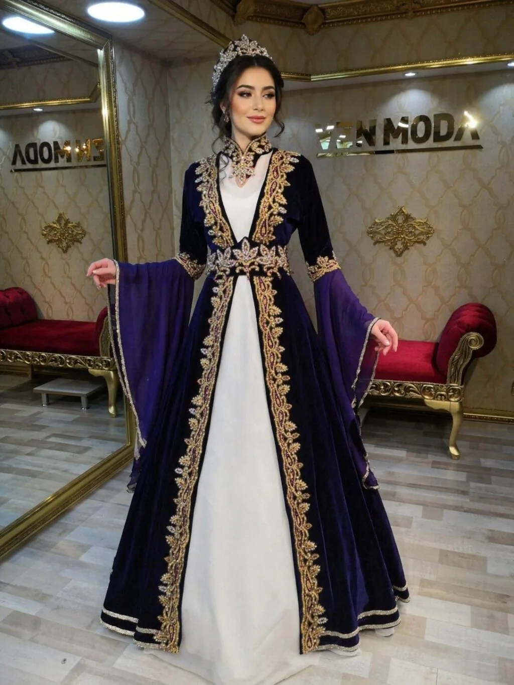 قفطان حنة مخمل بنفسجي بتطريز ذهبي على الحواف - صورة 4