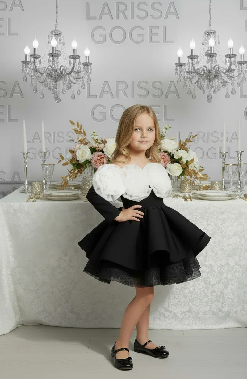 فستان أسود للبنات بوردة مجسمة وتنورة منفوشة