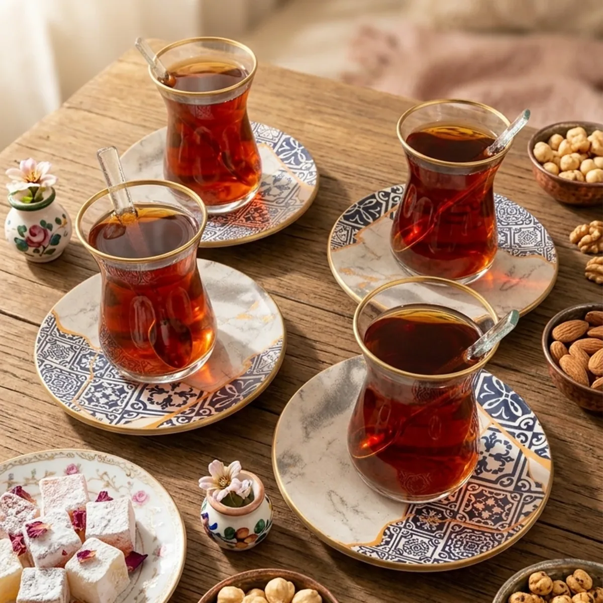 طقم شاي زجاجي 12 قطعة بنقش الفسيفساء الرخامي