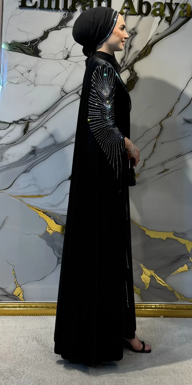 فستان سهرة مخمل أسود بأحجار جانجان وأكمام طويلة - صورة 2