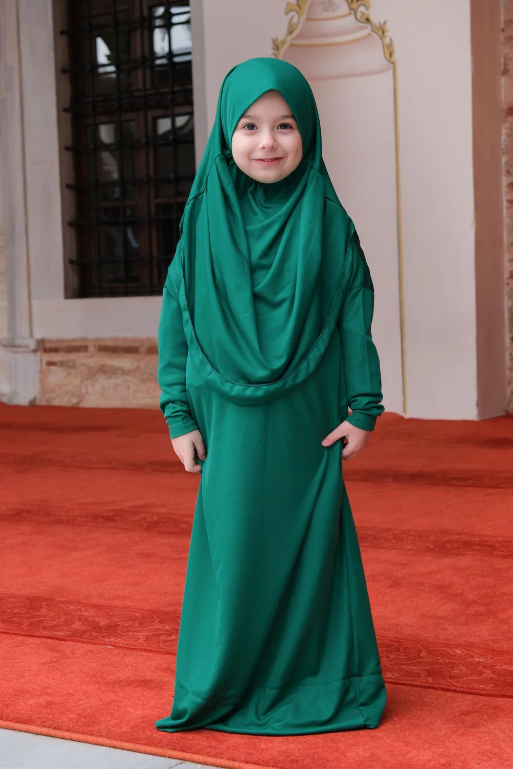 فستان صلاة بنات بحجاب متصل وأكمام طويلة أخضر زمردي