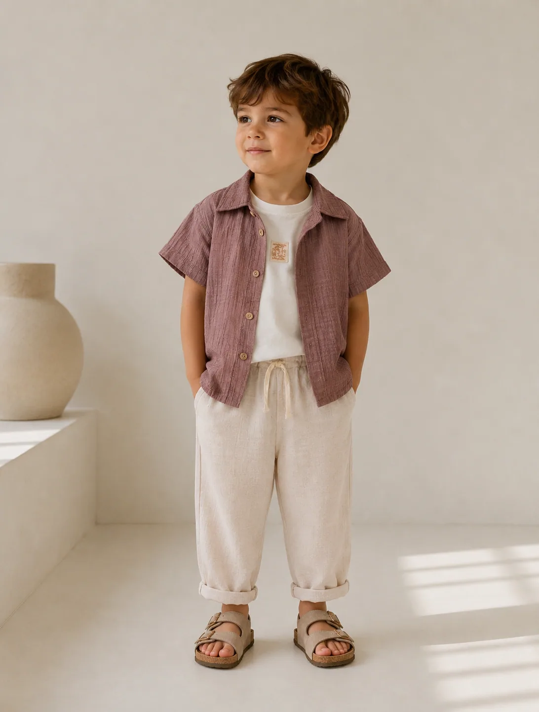 طقم أولاد ثلاث قطع بقميص موسلين وبنطلون كتان رقيق