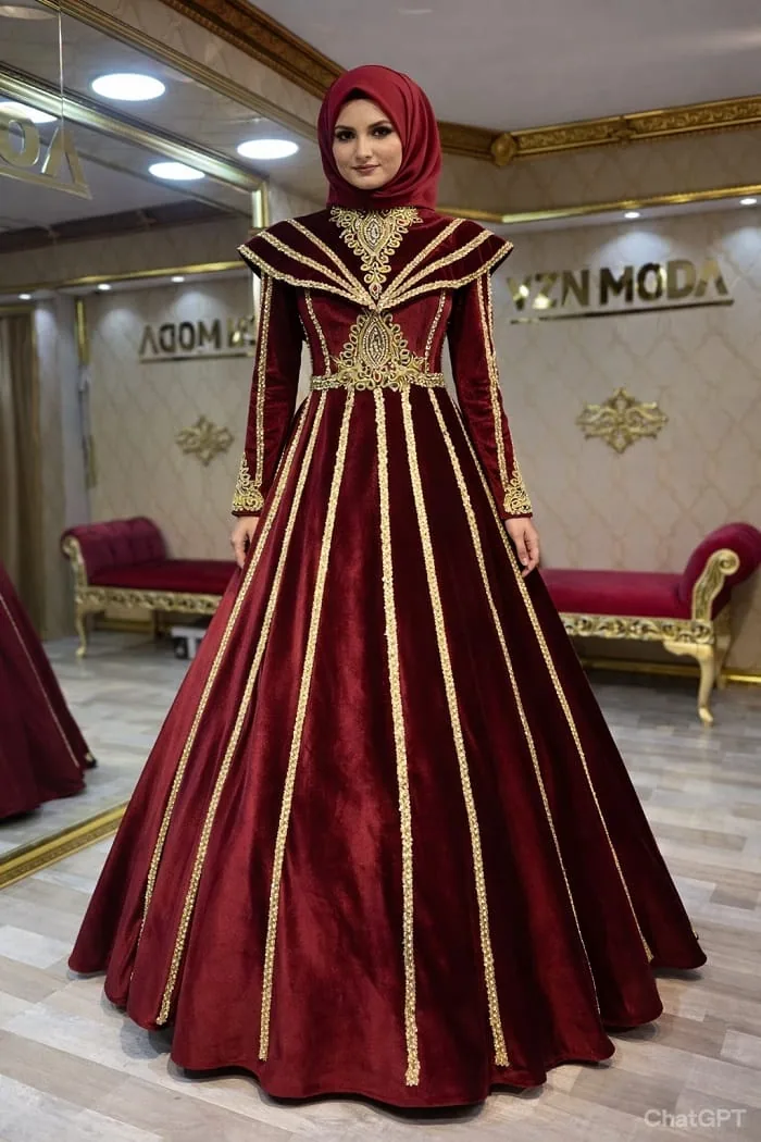 قفطان مخملي عنابي بياقة مخططة وتنورة مكسرة