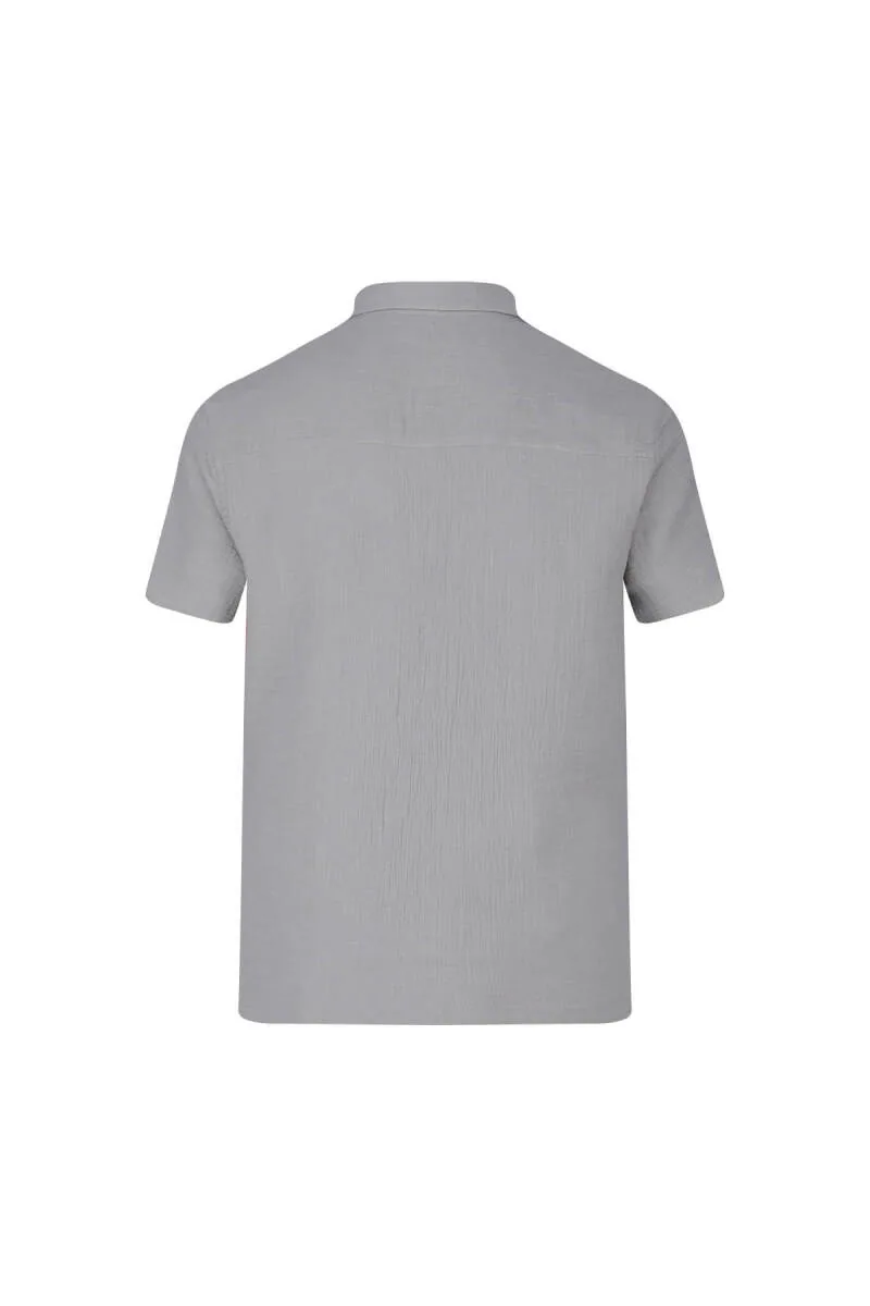 قميص رجالي رمادي بأكمام قصيرة من القطن 100% بأزرار مخفية - صورة 3