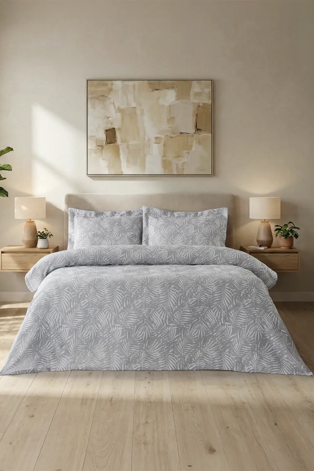 طقم غطاء سرير مزدوج 200×230 بنقشة نخيل رمادي