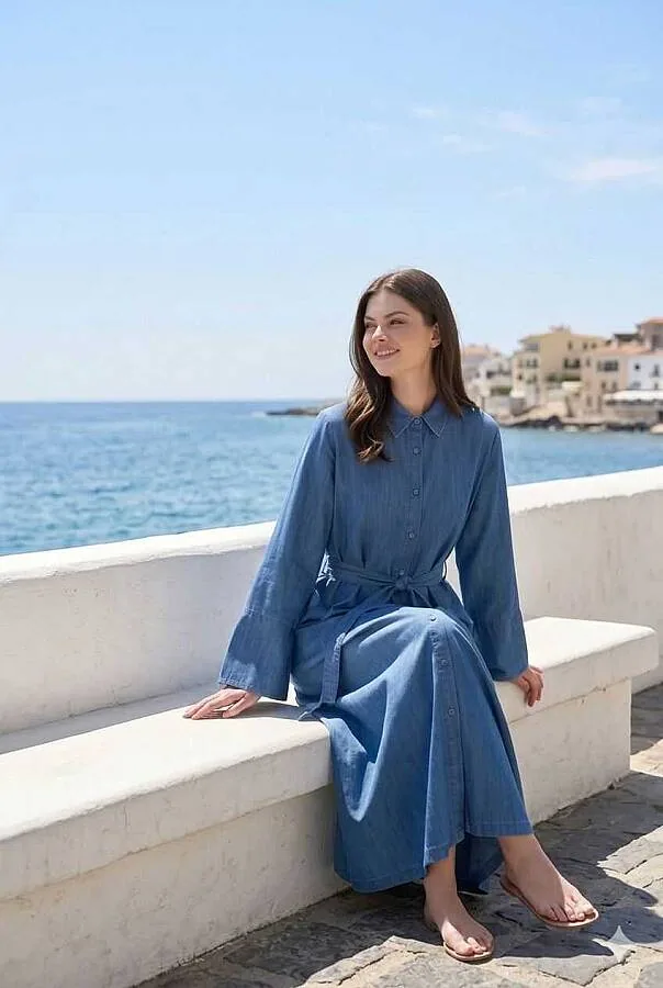 عباية دنيم بأزرار وحزام زخرفي بلون كحلي - صورة 4