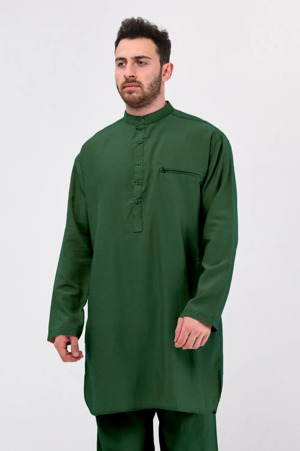 طقم أفغاني رجالي أخضر زيتي بجيوب بسحاب - صورة 2