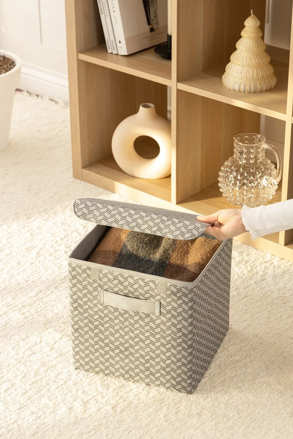 صندوقا تخزين قابلان للطي بغطاء بنقشة عظم السمكة - رمادي - صورة 4