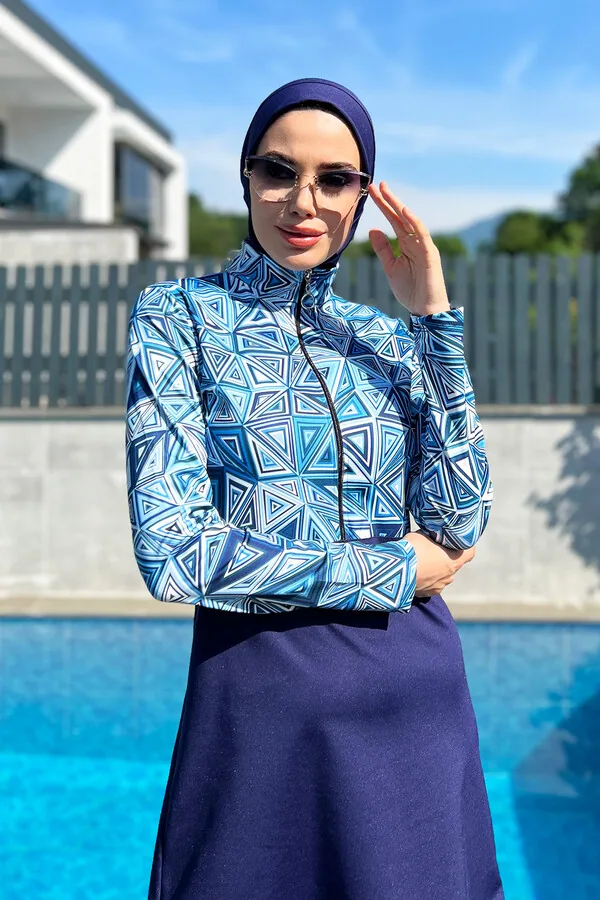 مايوه شرعي كامل بسحاب نصفي بنقشة هندسية زرقاء - صورة 2