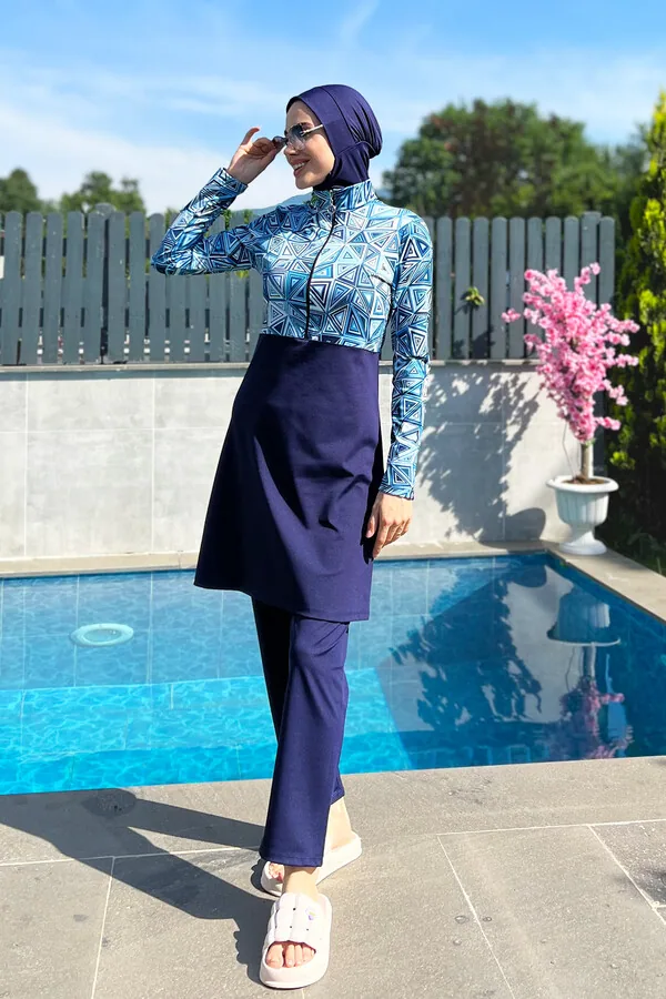 مايوه شرعي كامل بسحاب نصفي بنقشة هندسية زرقاء - صورة 3