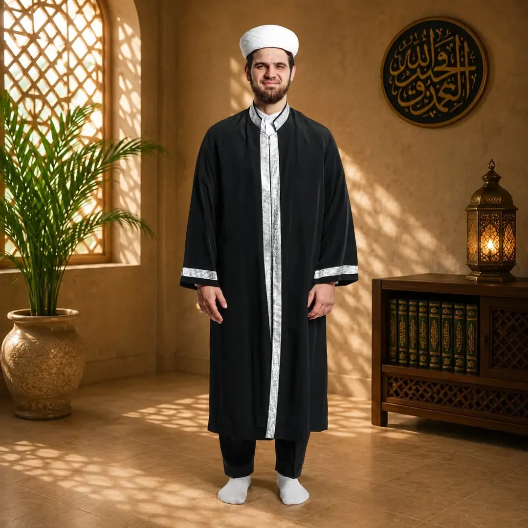 جبة إمام بكبسات بحواف مطرزة - أسود