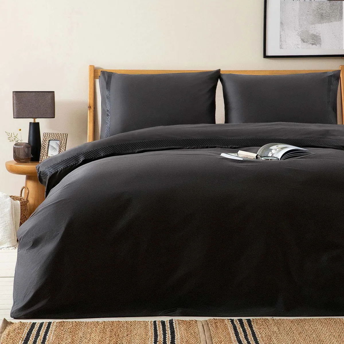 طقم غطاء لحاف كينغ سايز من قطن 230×220 سم - رمادي فحمي