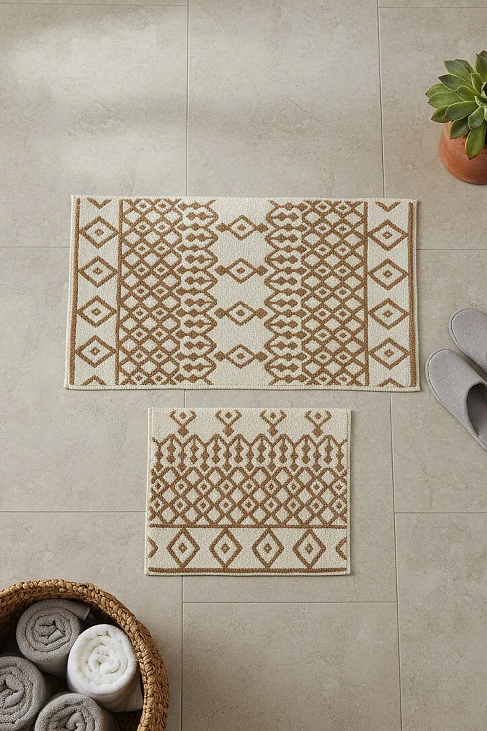 طقم دواسات حمّام من قطن بنقشة إثنية قطعتان 60×100 سم - صورة 3