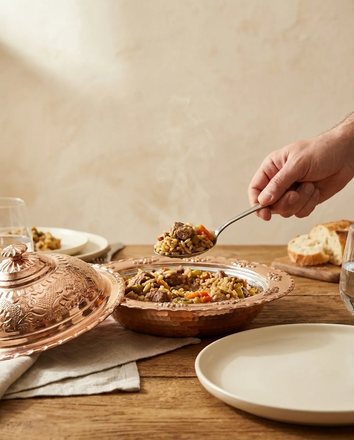 صحن أرز نحاس أحمر بغطاء وحواف مفصصة 21 سم - صورة 3