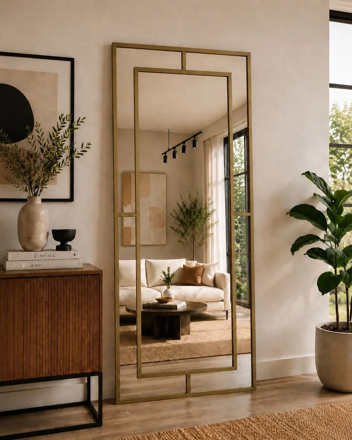 مرآة طولية بإطار ذهبي مزدوج بتصميم هندسي