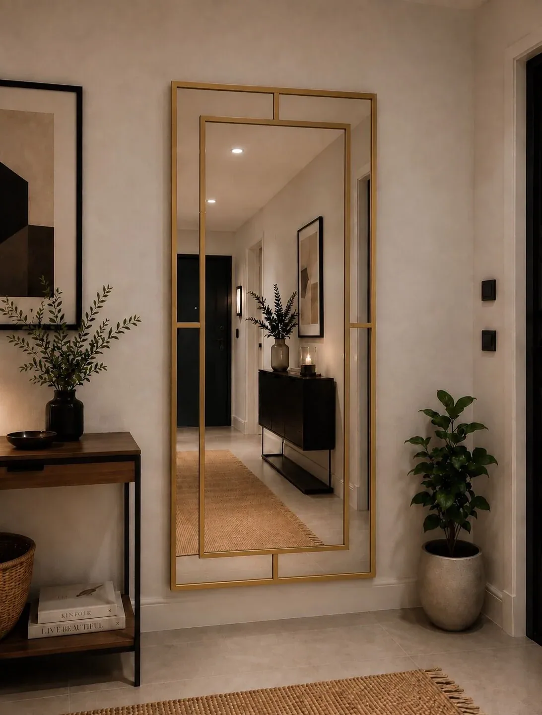 مرآة طولية بإطار ذهبي مزدوج بتصميم هندسي - صورة 2