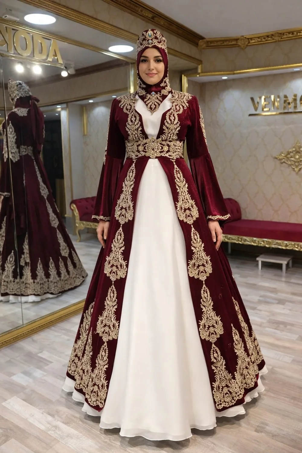 قفطان حناء مخمل عنابي بفستان أبيض وتاج