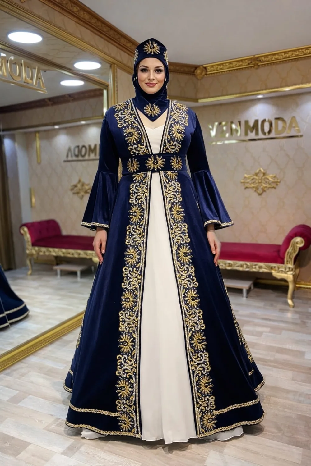 قفطان حناء مخمل كحلي بتطريز ذهبي كثيف - صورة 2