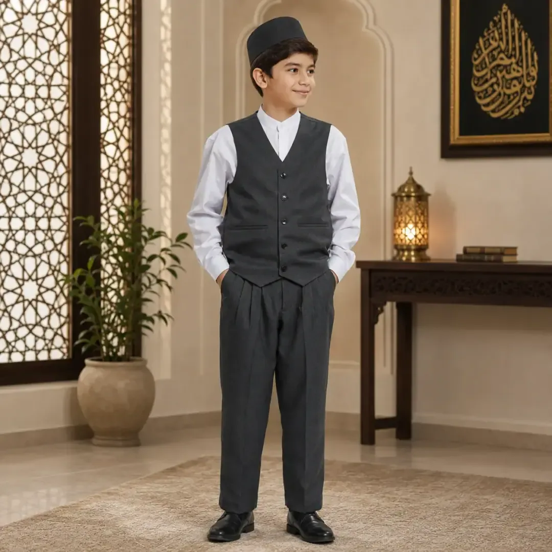 طقم أولاد شتوي صدرية وشروال بأربع طيات