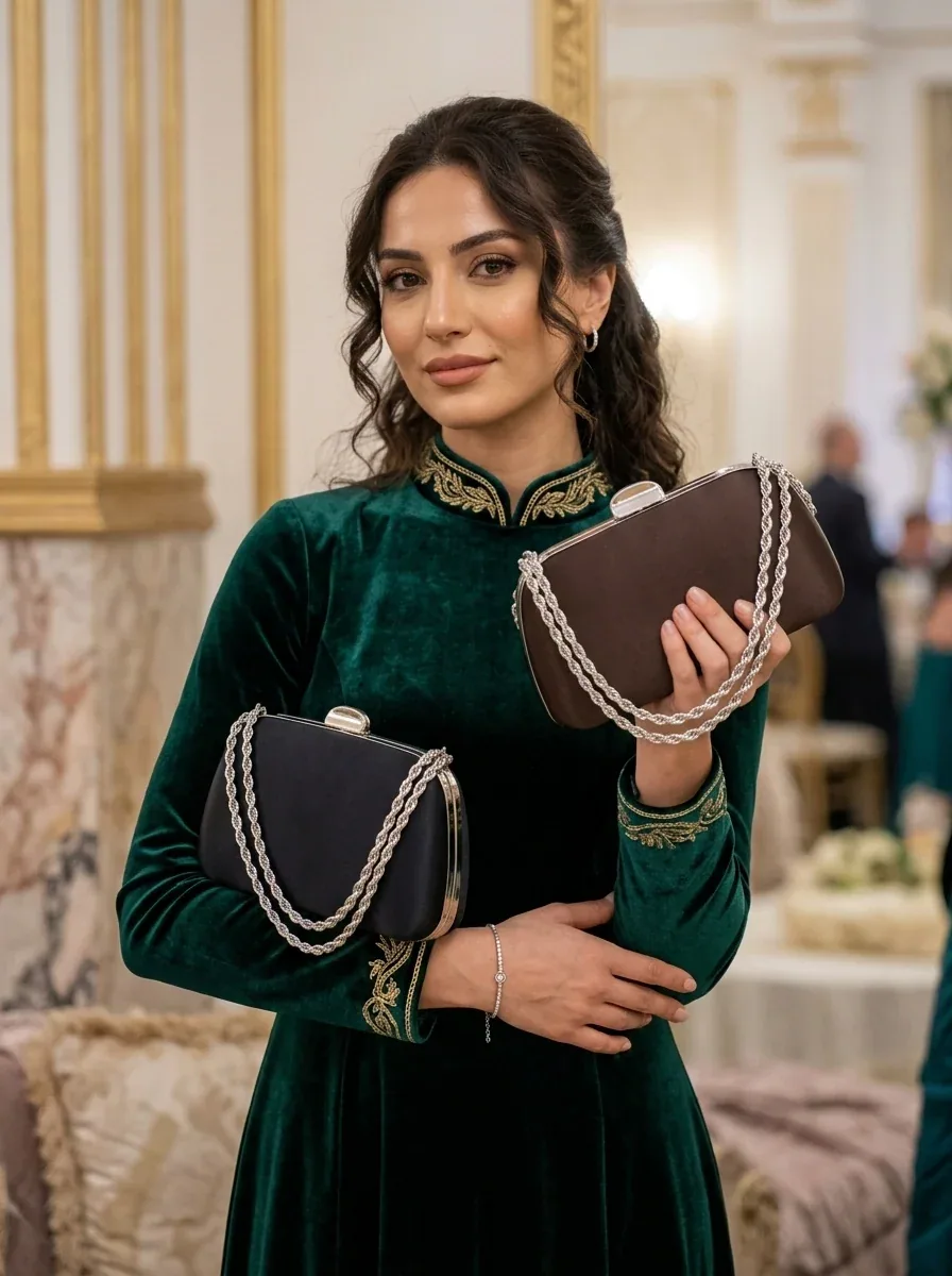 حقيبة سهرة ساتان بني داكن بمقبض سلسلة - صورة 2