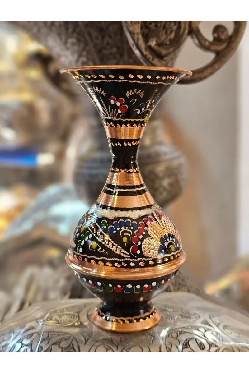 مزهرية نحاس صغيرة 18 سم مشغولة بالمينا