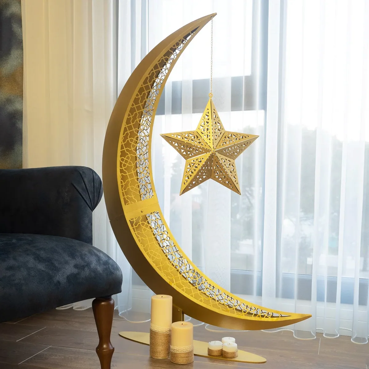 هلال رمضان معدني ثلاثي الأبعاد بنجمة كبيرة