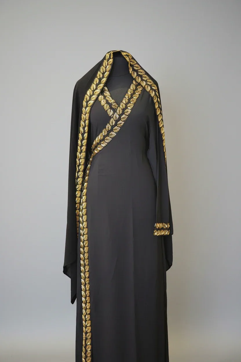 طقم ثوب صلاة أسود بأحجار وتطريز ذهبي
