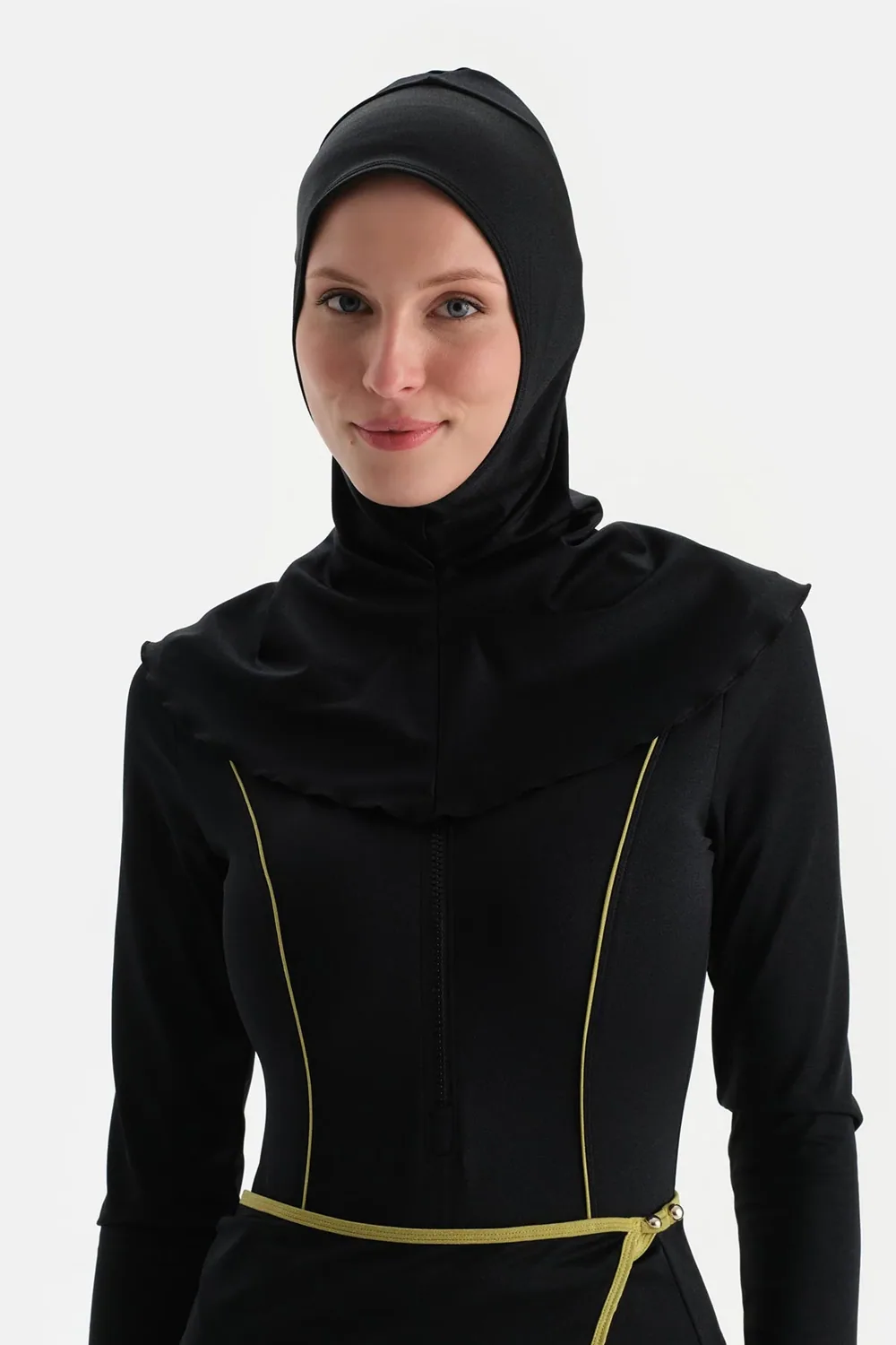 غطاء رأس سباحة محتشم أسود بحواف صفراء - صورة 4