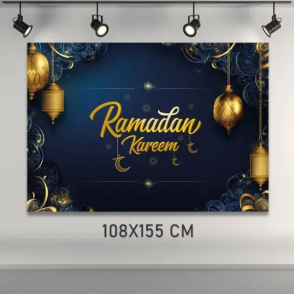 لافتة «مرحبا رمضان» زرقاء كبيرة بمقاس 108×155 سم
