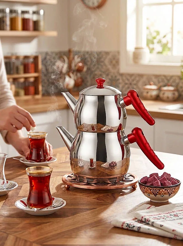 إبريق شاي تركي مزدوج بمقابض حمراء حجم متوسط