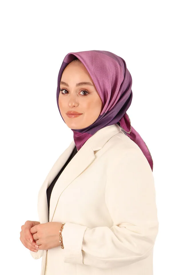 إيشارب حرير تويل بنفسجي ووردي هندسي 90×90 سم - صورة 2