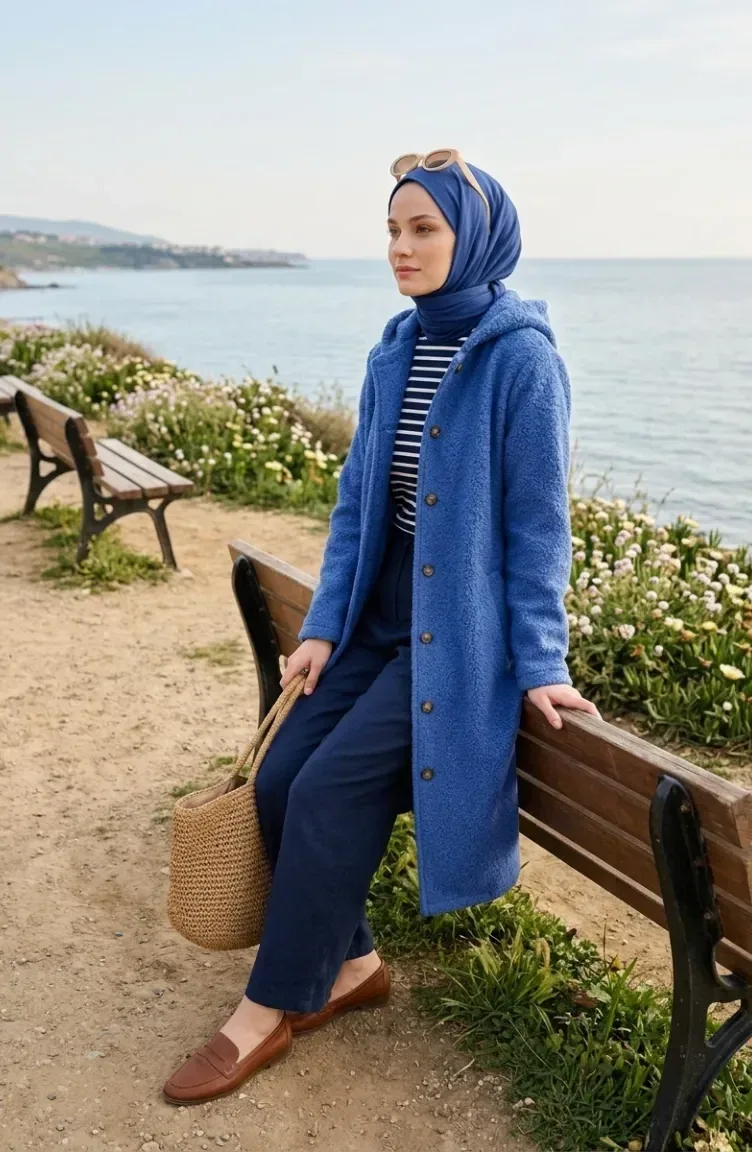 كاب بوكليه شتوي أزرق بقبعة وأزرار - صورة 2