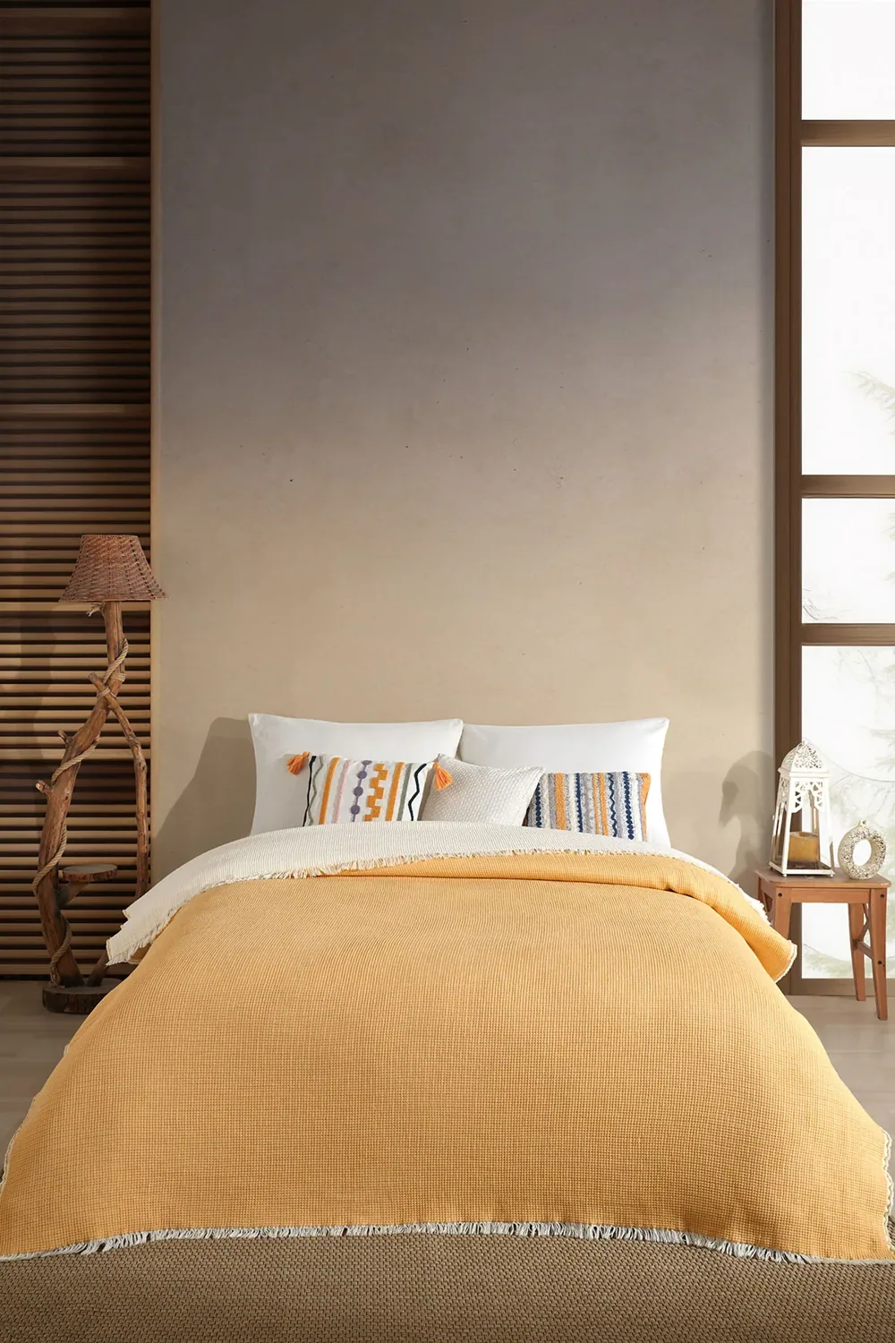 طقم مفرش سرير بيكيه مفرد من موسلين 160×220 سم - أصفر