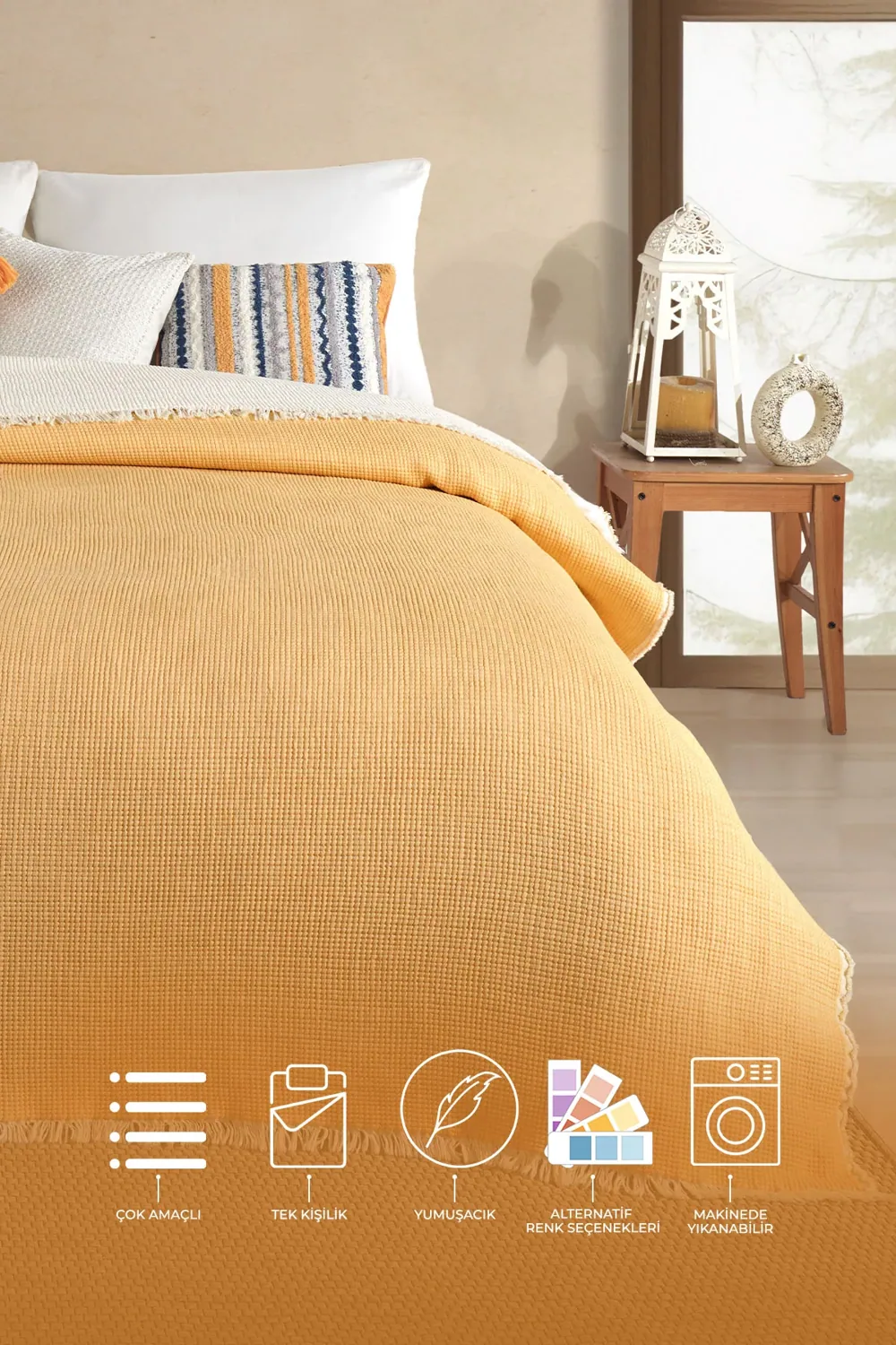 طقم مفرش سرير بيكيه مفرد من موسلين 160×220 سم - أصفر - صورة 2