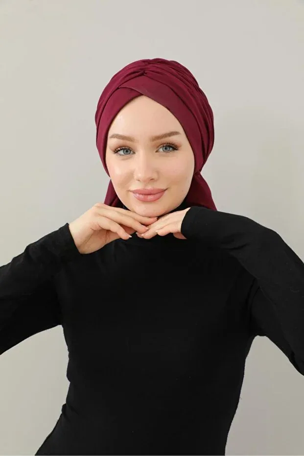 توربان جاهز بثنيات يدوية عنابي