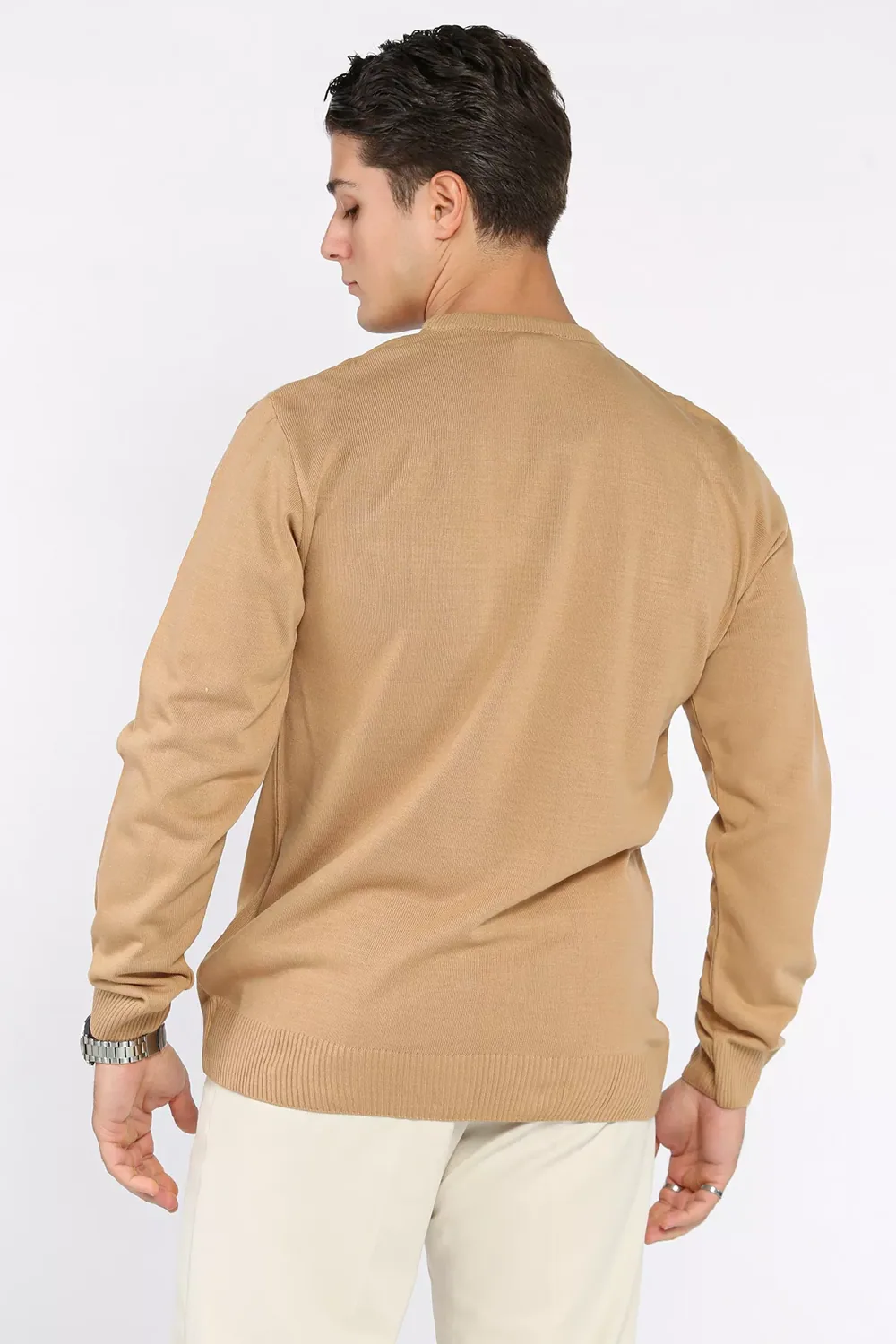 كنزة تريكو رجالية سادة من مزيج الأكريليك والقطن برقبة دائرية - صورة 3