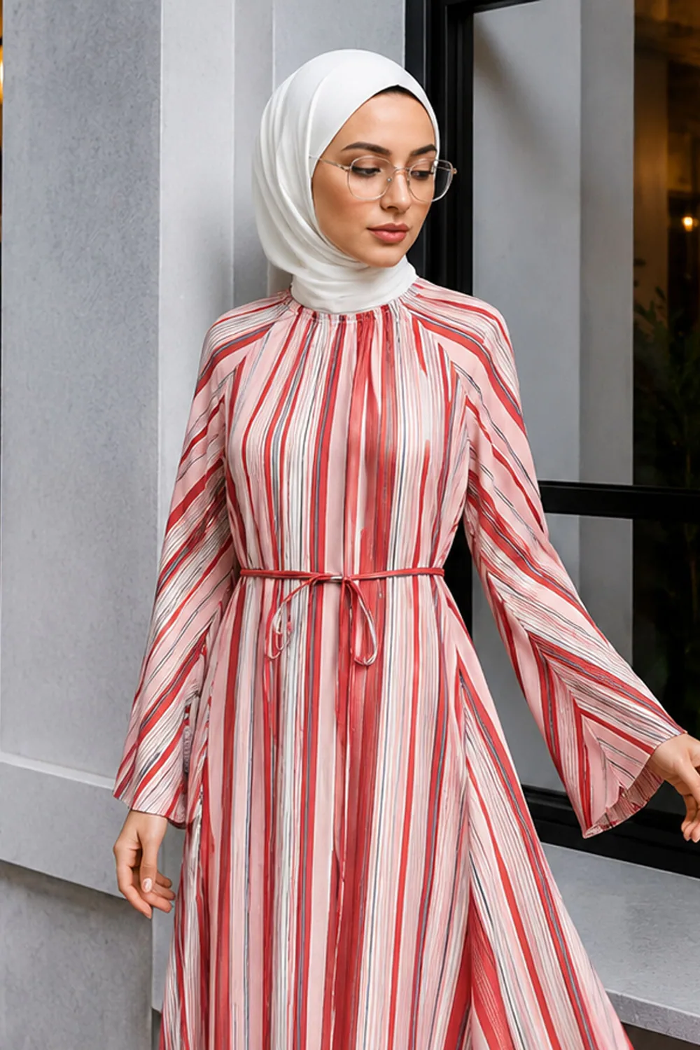 فستان مقلم فوشيا بياقة مطاطية ورباط - صورة 2