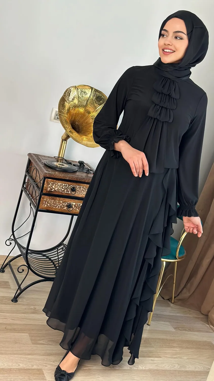 تنورة شيفون طويلة بالأسود والبني