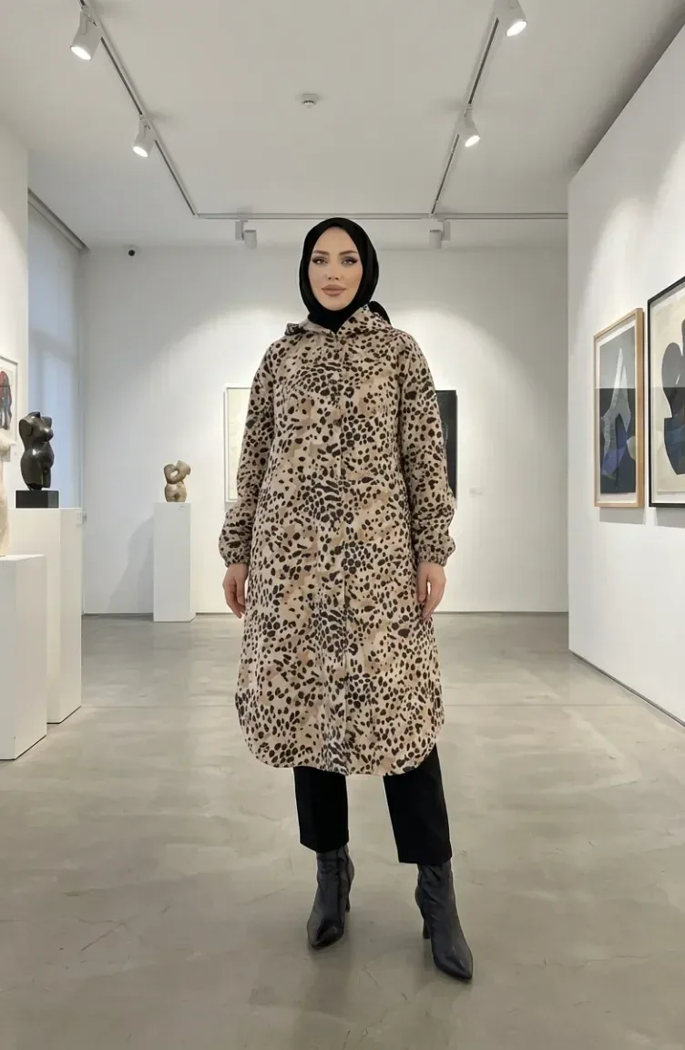 كاب جوخ بنقشة جلد النمر بقبعة - صورة 2